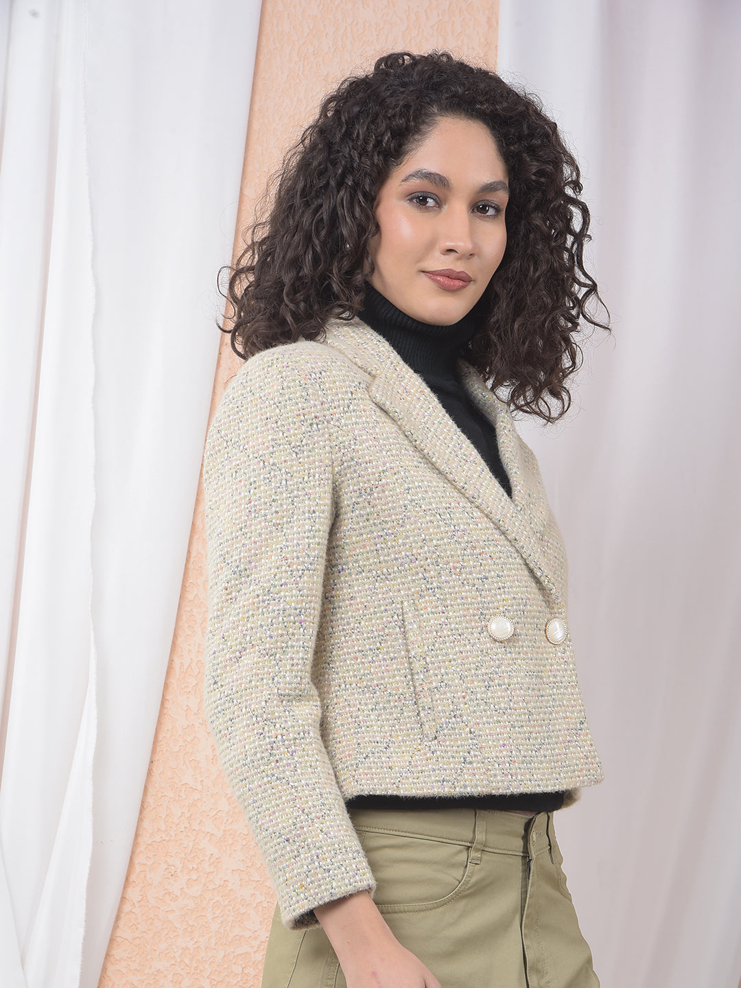 Beige Jacquard Notched Lapel Coat