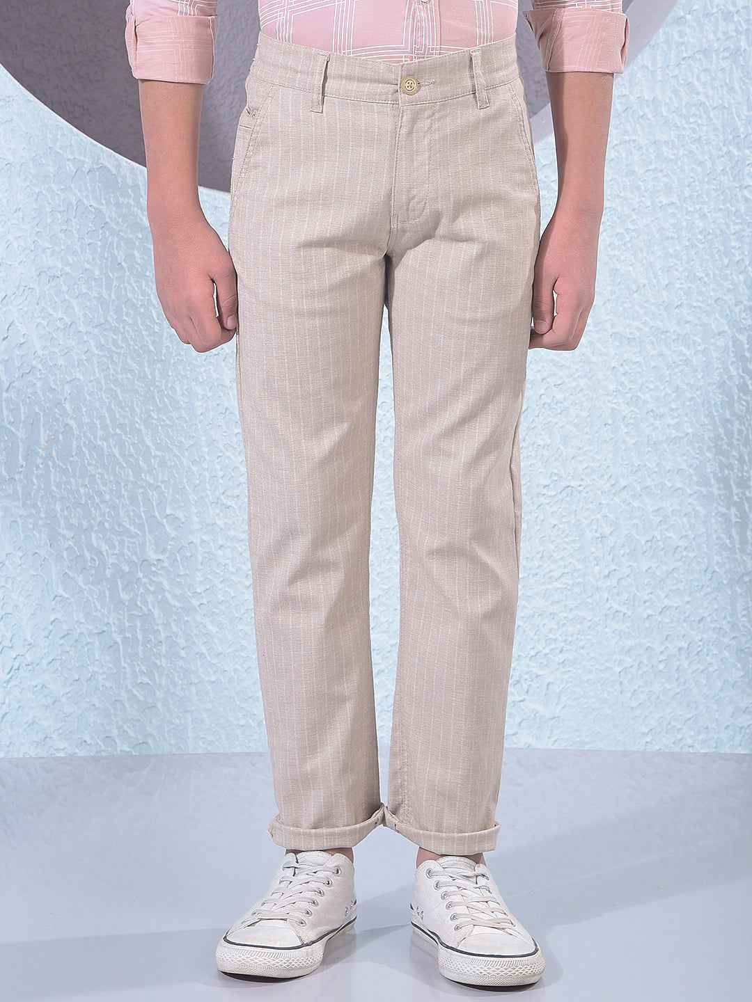 Beige Vertical Stripes Trousers