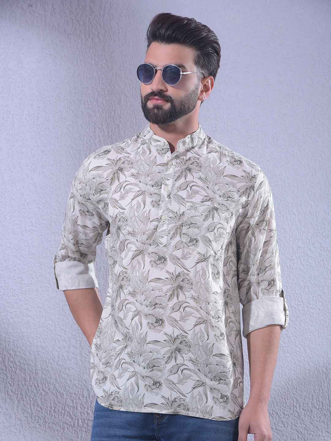 Grey Floral Print Linen Kurta