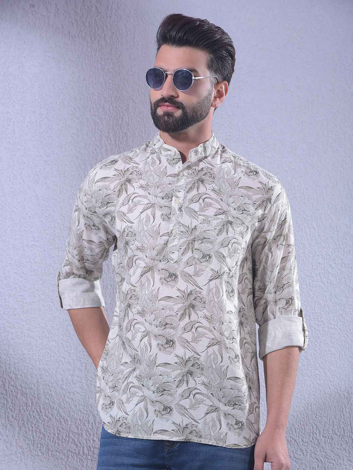 Grey Floral Print Linen Kurta
