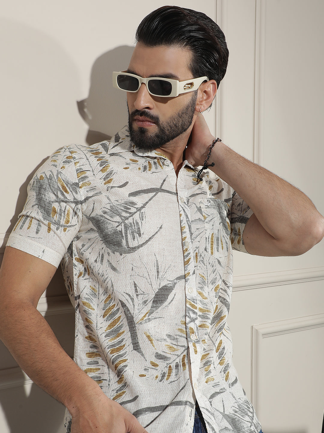 Grey Floral Print Linen Shirt