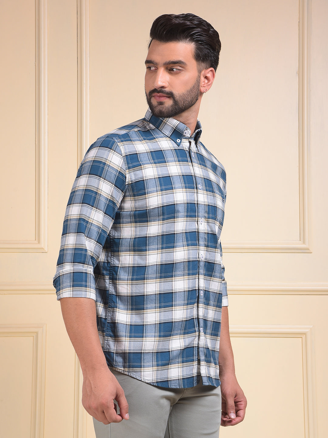 Green Checked Button-Down Collar 100% Cotton Shirt