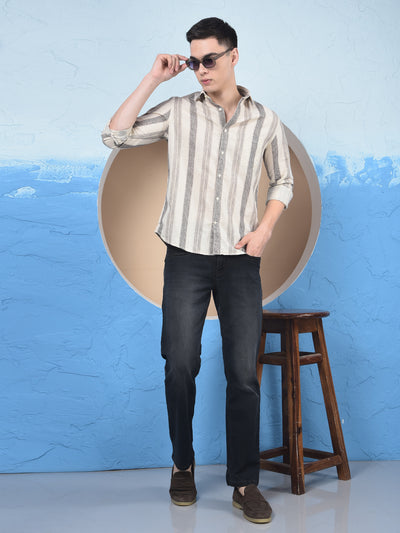 Beige Vertical Stripes Linen Straight Kurta