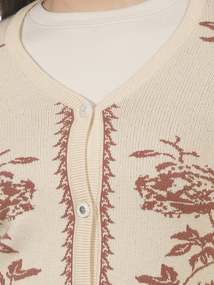Beige Floral Print V-neck Cardigan
