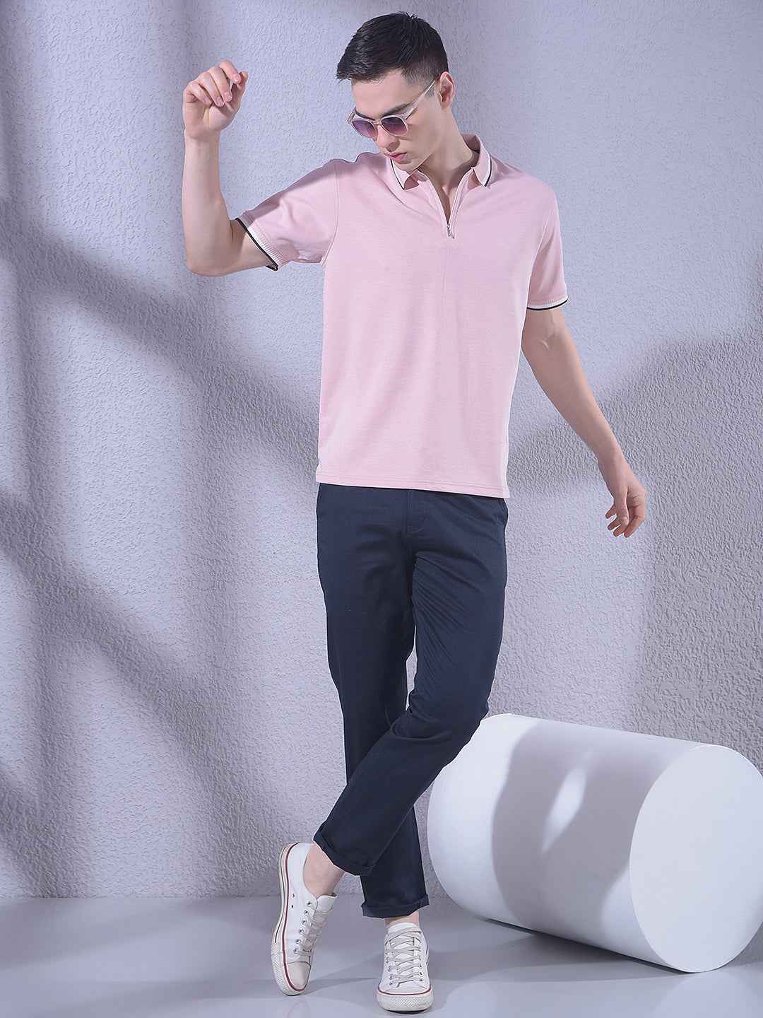 Pink Polo Neck T-Shirt with Zip Closure