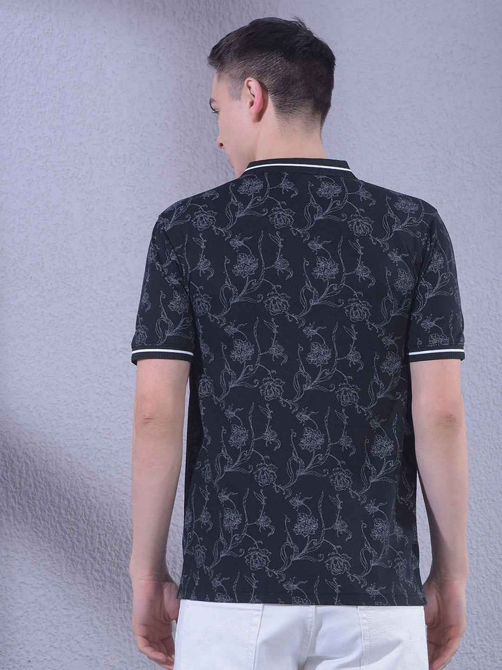 Black Floral Print Polo Neck T-Shirt