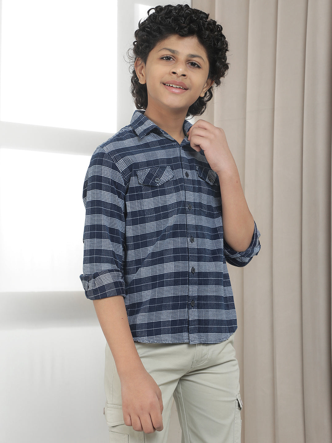 Blue Checked 100% Cotton Corduroy Shirt