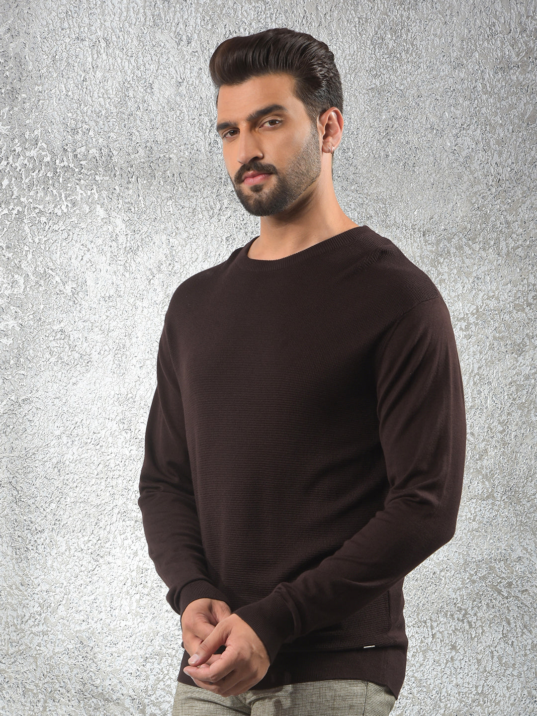 Tapered Fit Brown Jacquard Sweater
