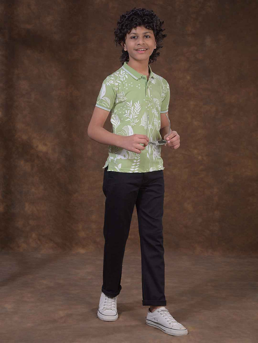 Green Floral Print Polo Neck T-Shirt