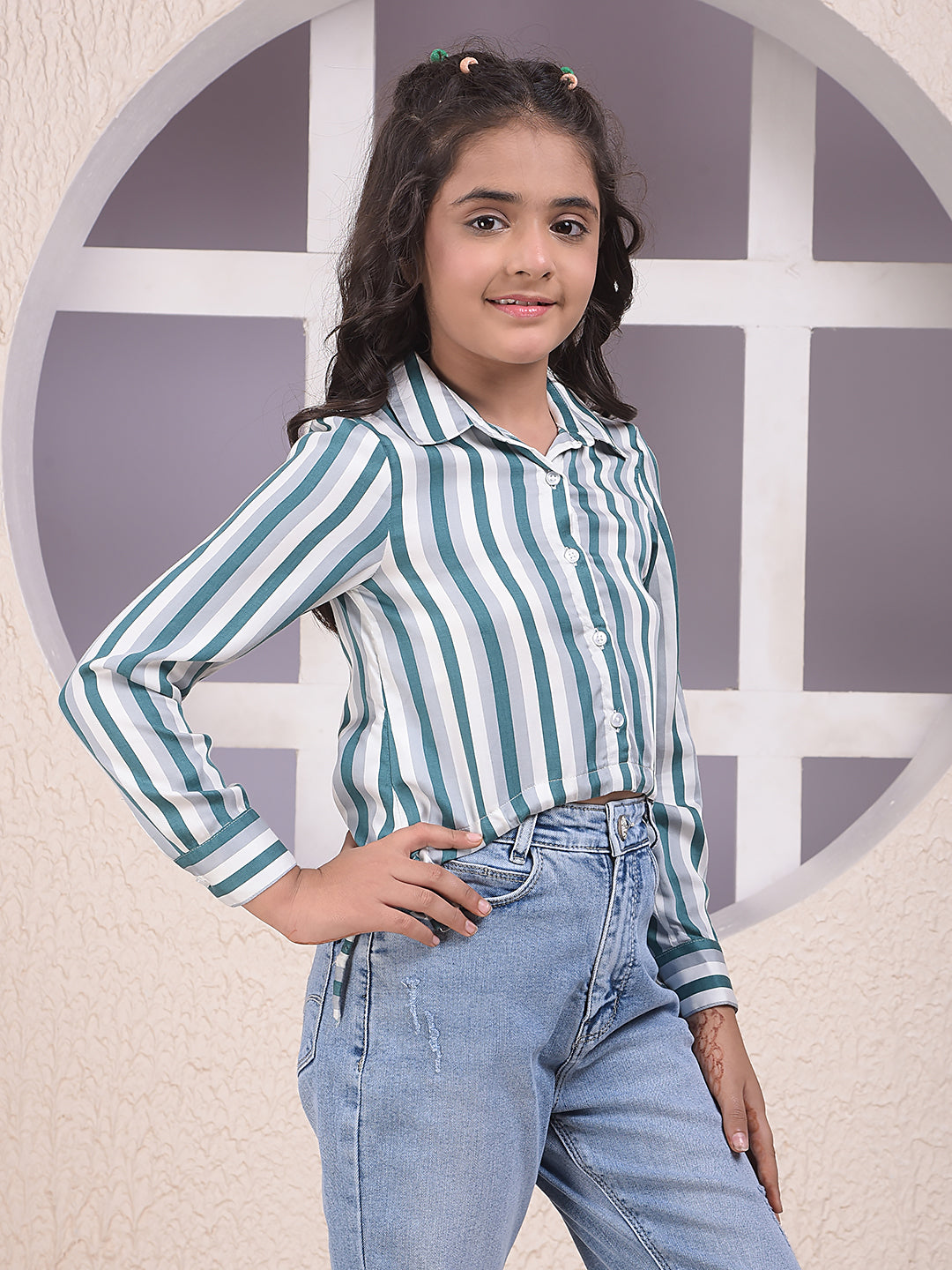 Green Vertical Stripes Modal Cropped Shirt