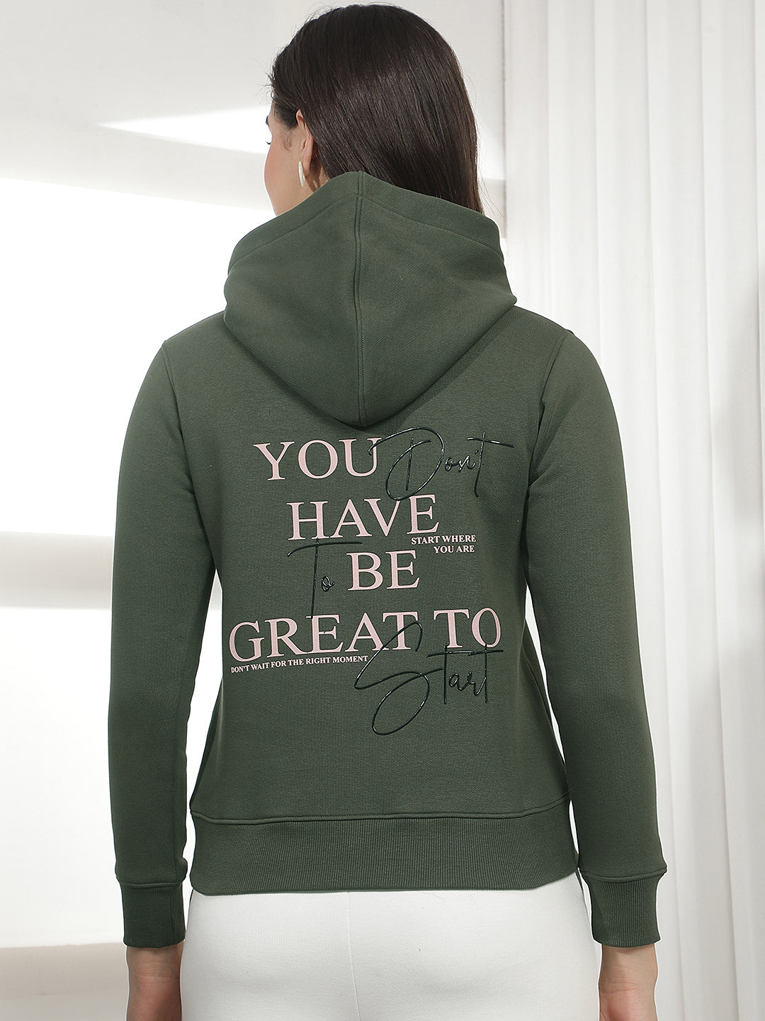 Olive Typographic Print Hooded Neck Sweatshirt