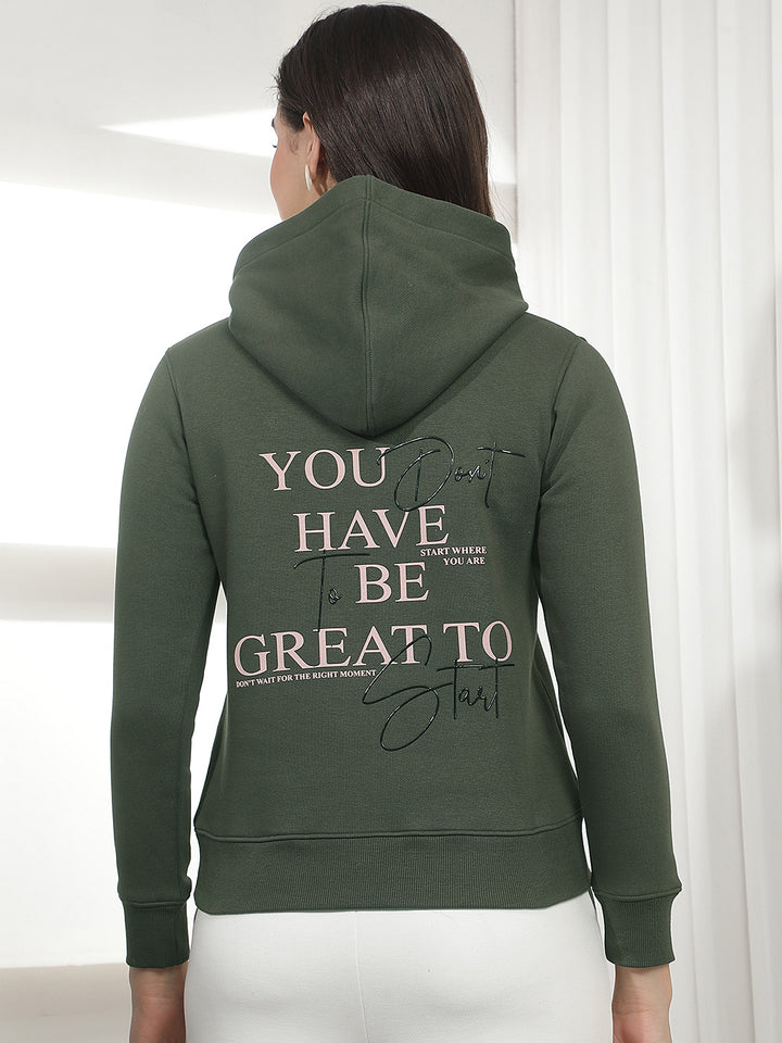 Olive Typographic Print Hooded Neck Sweatshirt