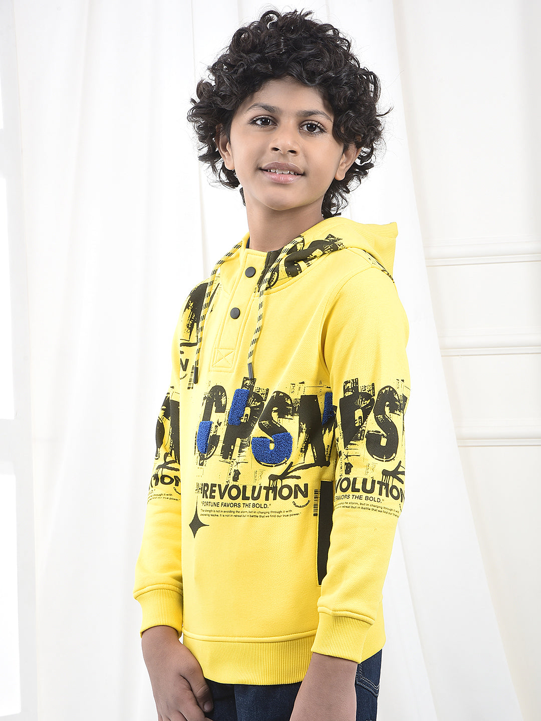 Yellow Typographic Print Hooded Neck Sweatshirt