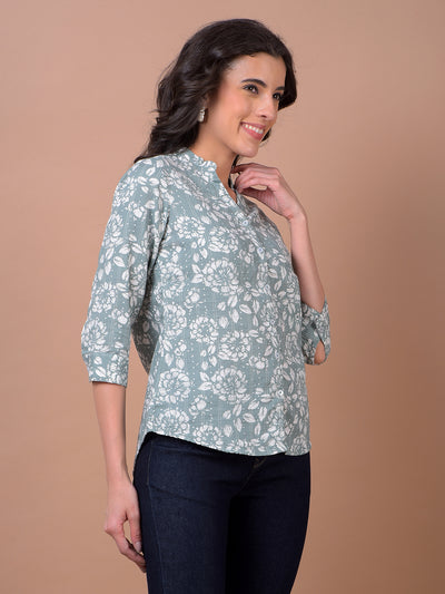 Green Floral Print 100% Cotton V-Neck Shirt