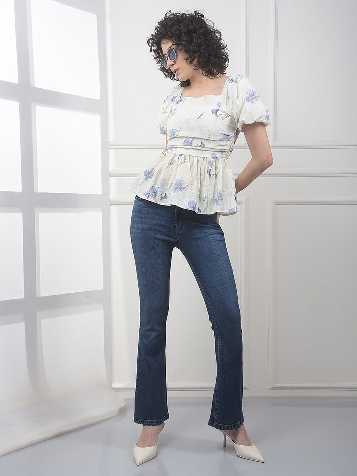 Blue Floral Print Square Neck Peplum Top