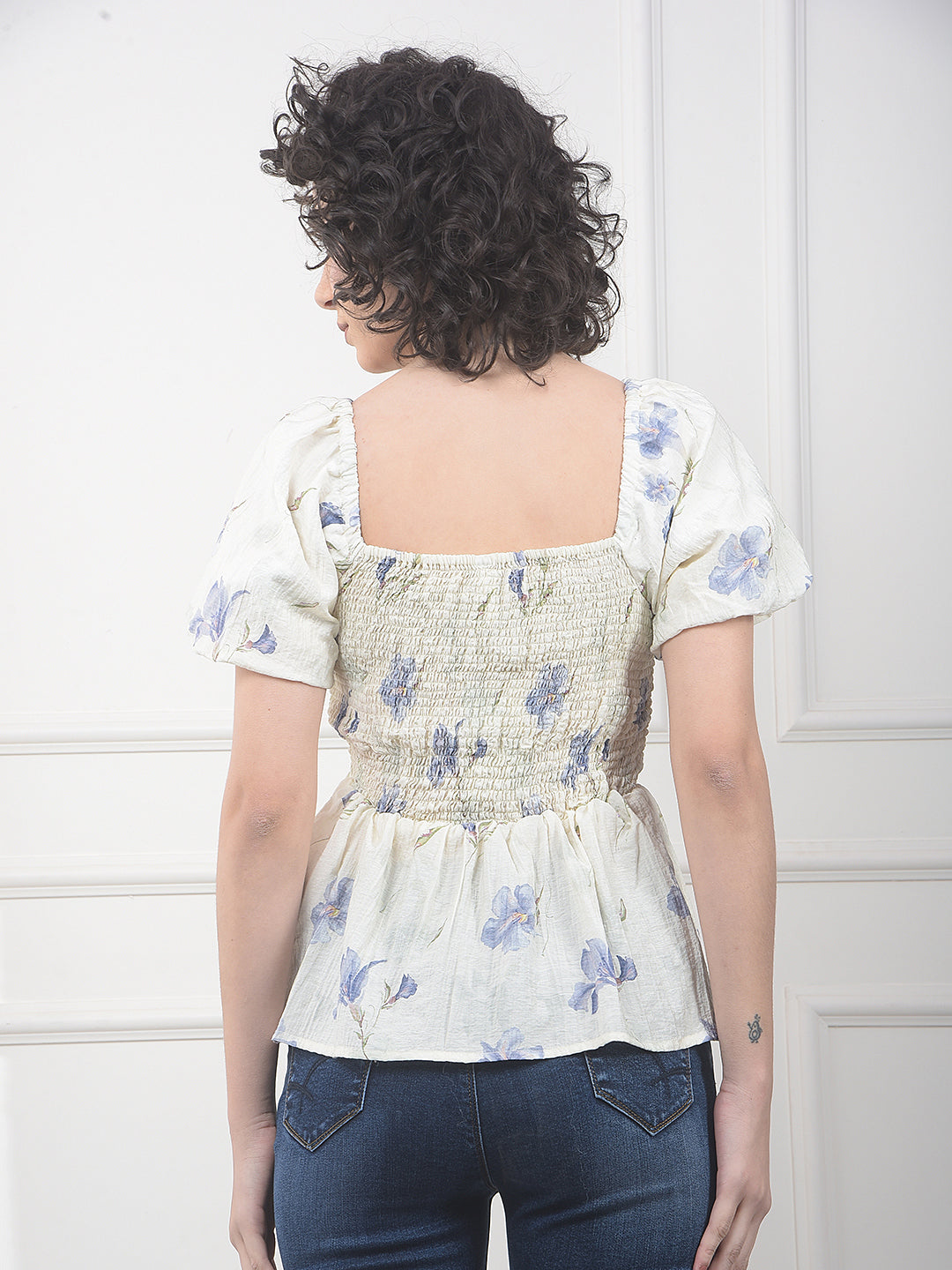 Blue Floral Print Square Neck Peplum Top