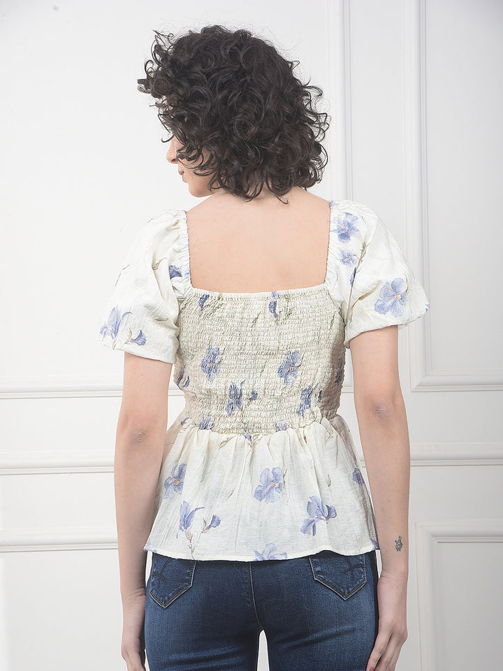 Blue Floral Print Square Neck Peplum Top