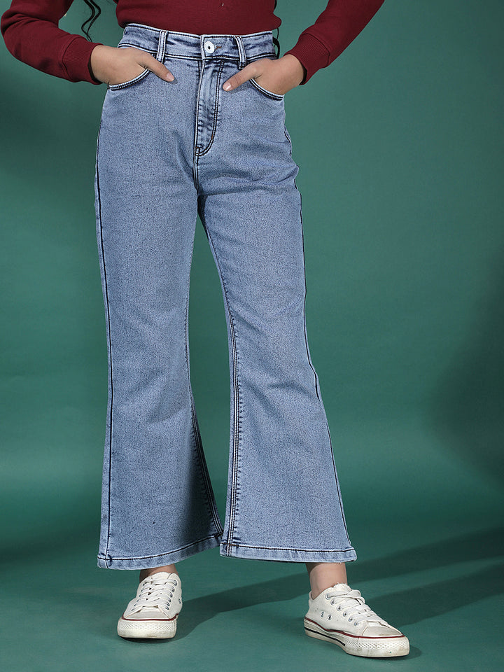 Girl's Blue Bootcut Cargo Jeans-Girls Jeans-Crimsoune Club