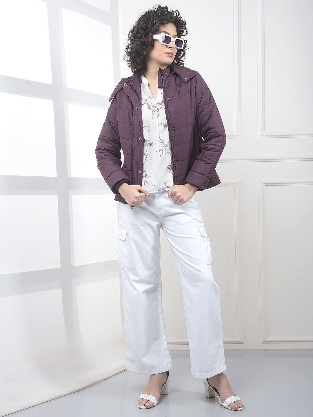 Wine Hooded Neck Puffer Jacket