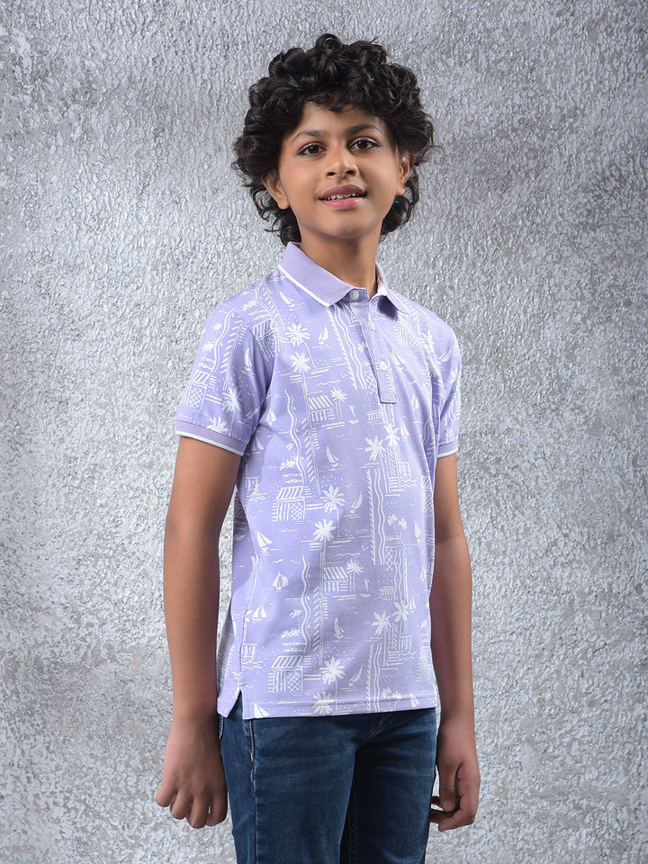 Purple Printed Polo Neck T-Shirt