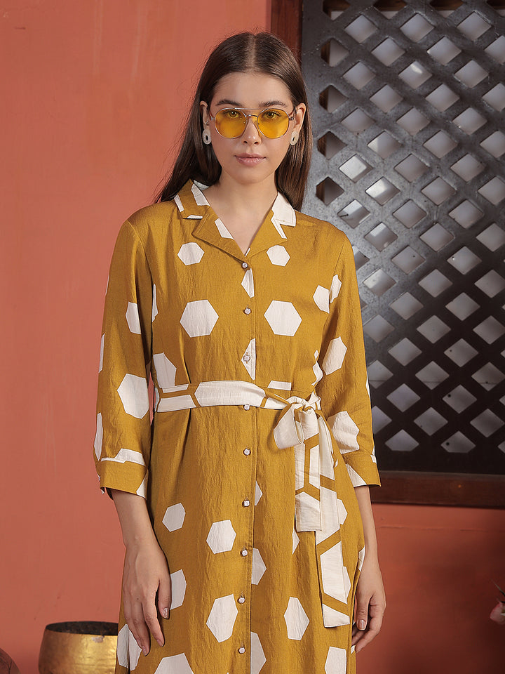 Mustard Geometric Print Midi Length Shirt Dress With Belt