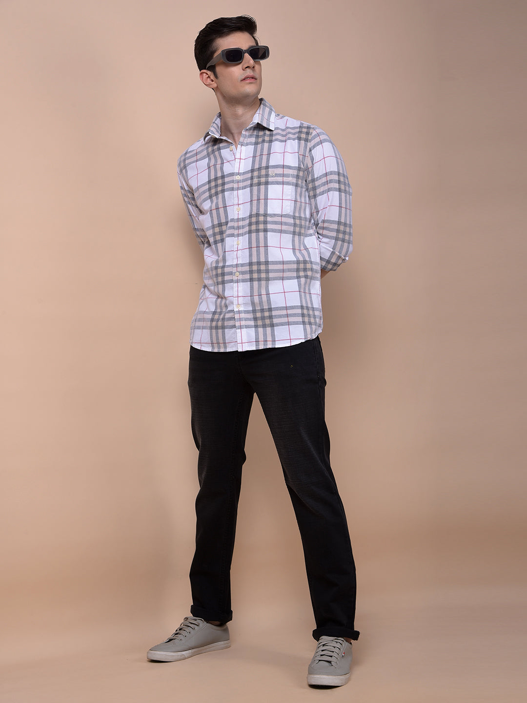 White Checked 100% Cotton Corduroy Shirt
