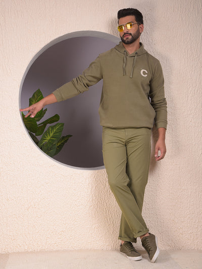 Olive Typographic Print Hooded Neck Sweatshirt