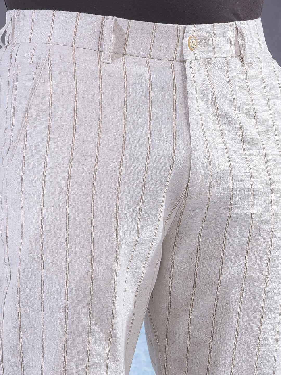 Beige Vertical Stripes Trousers