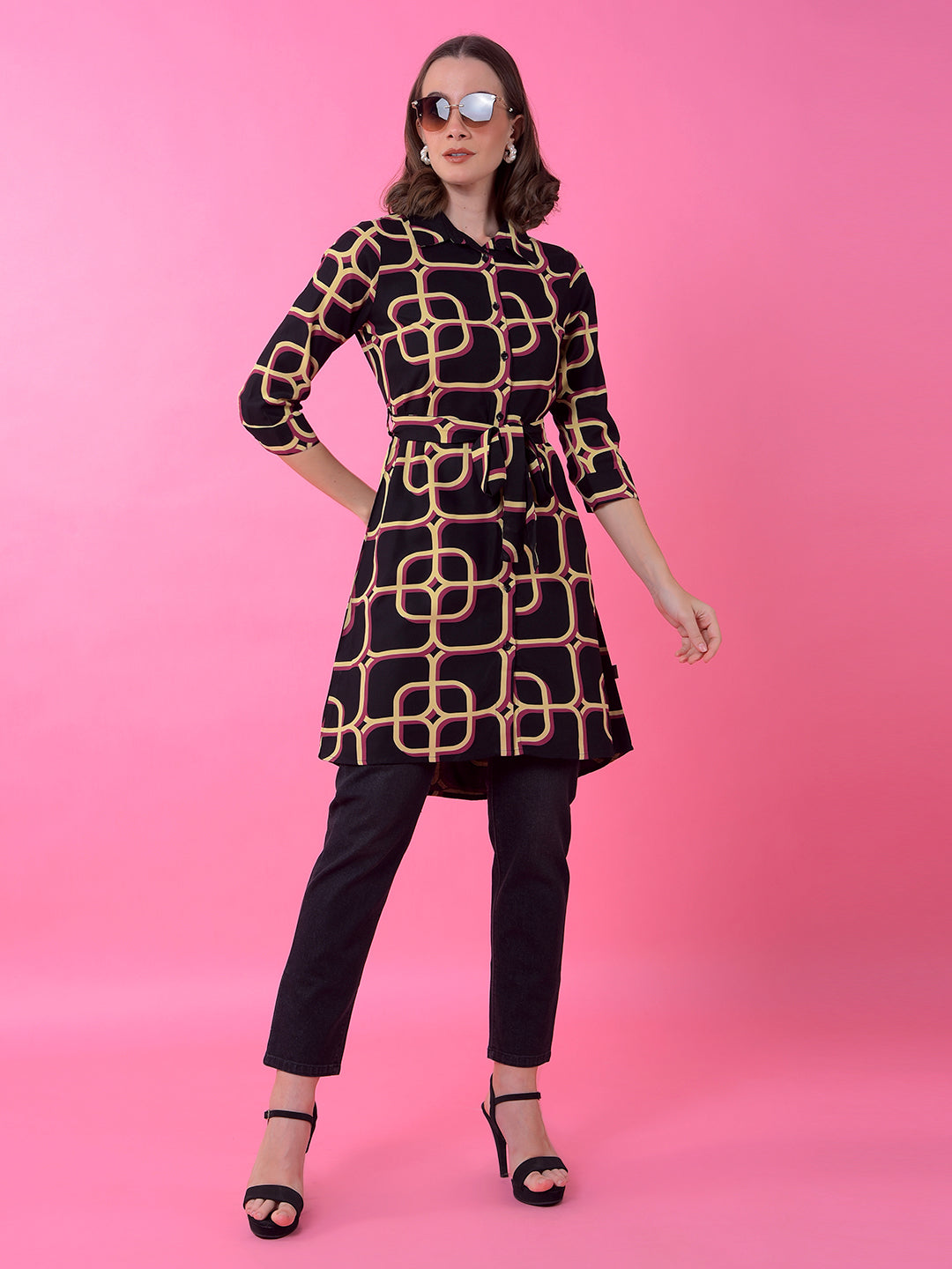 Black Printed Knee Length Shirt