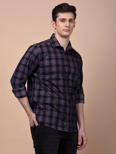 Navy Blue Checked 100% Cotton Corduroy Shirt