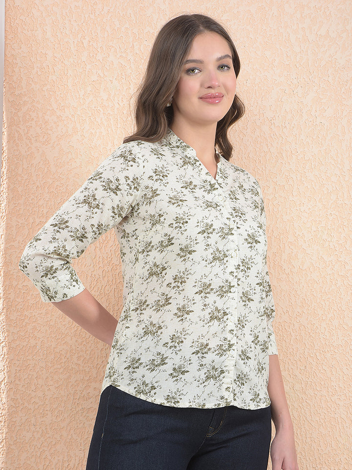 Printed Linen Beige V-Neck Shirt