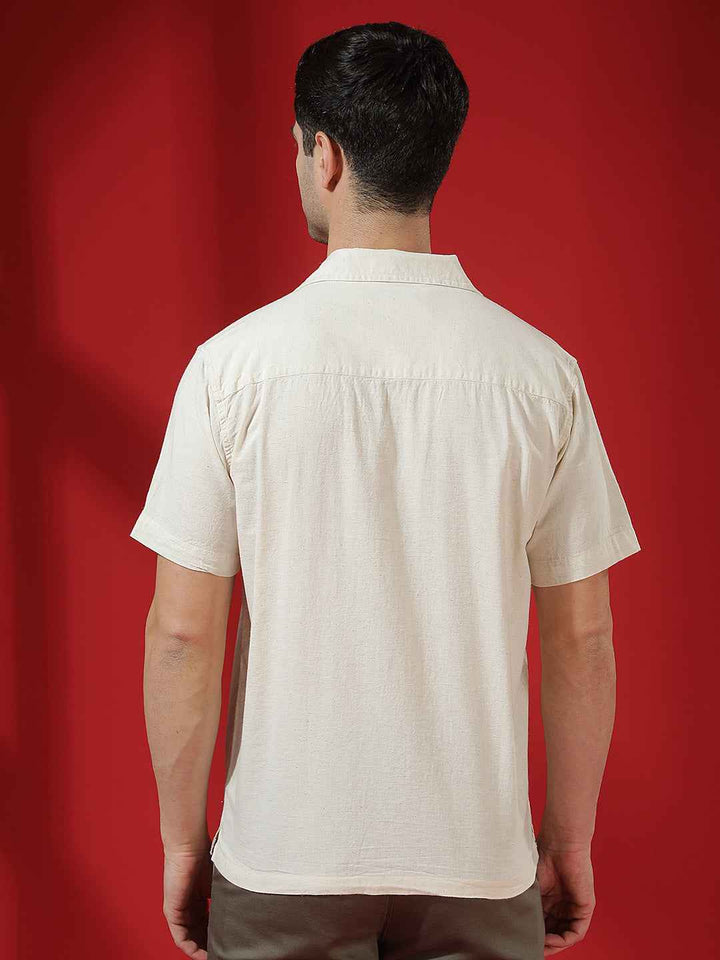 Beige Embroidered Resort-Collar Linen Shirt