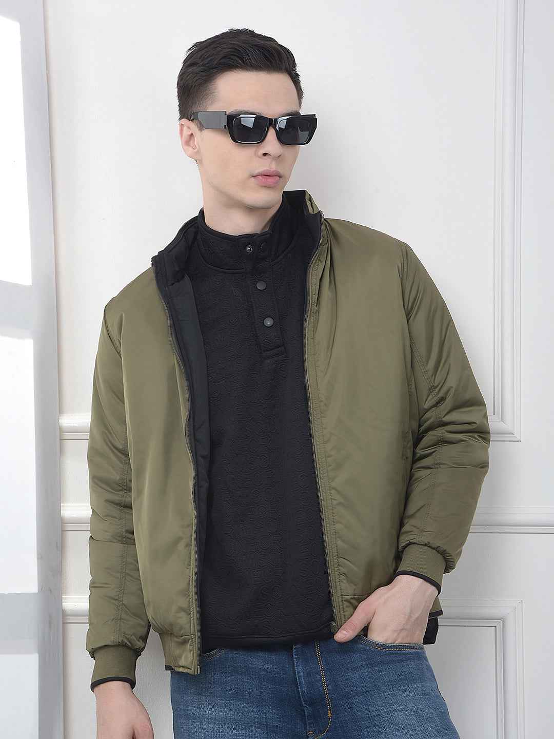 Olive High Neck Reversible Bomber Jacket