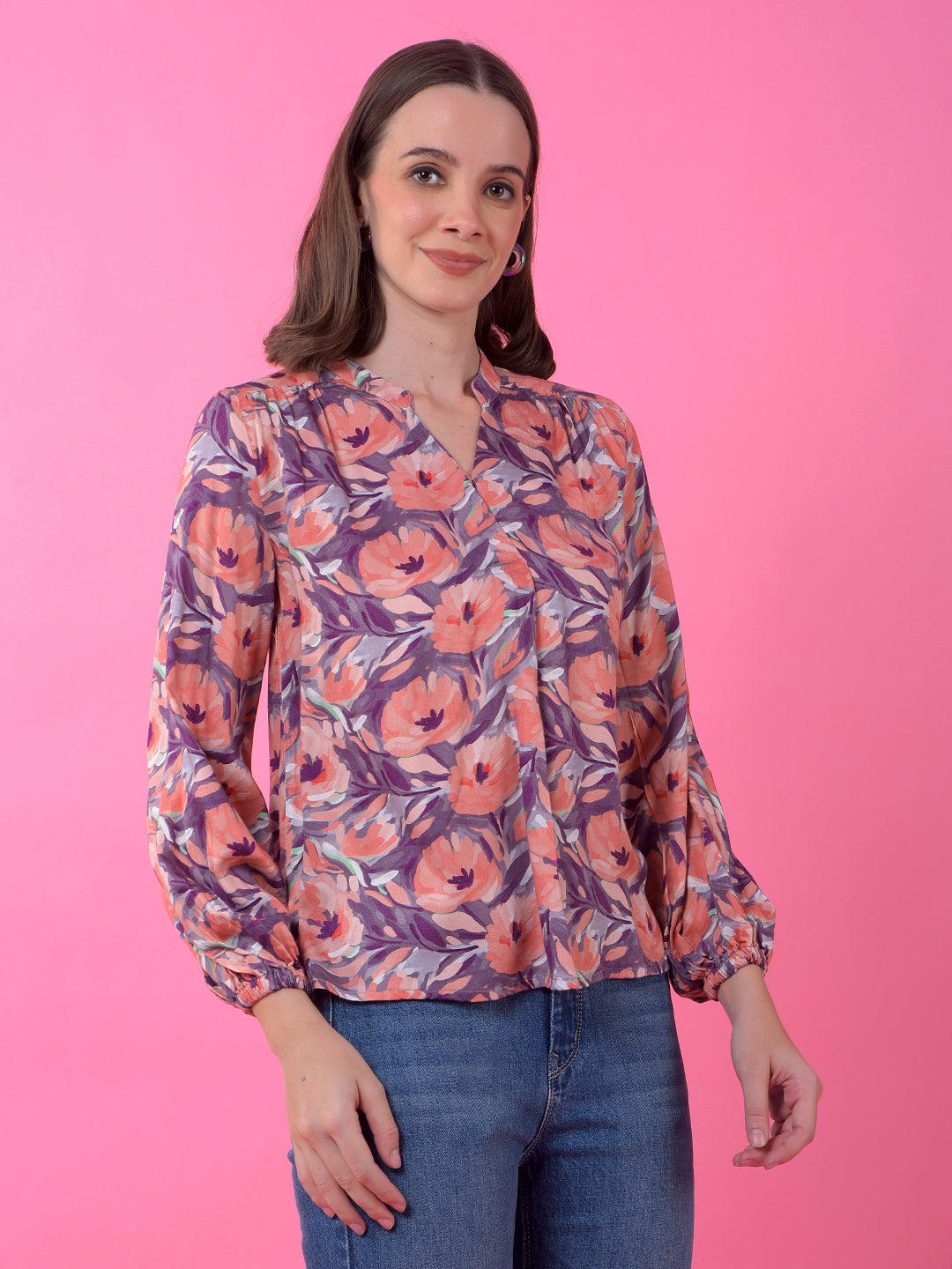Purple Floral Print V-Neck Top