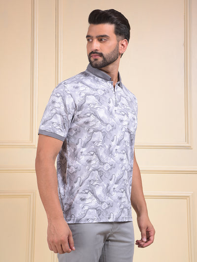 Grey Abstract Print Polo Neck T-Shirt