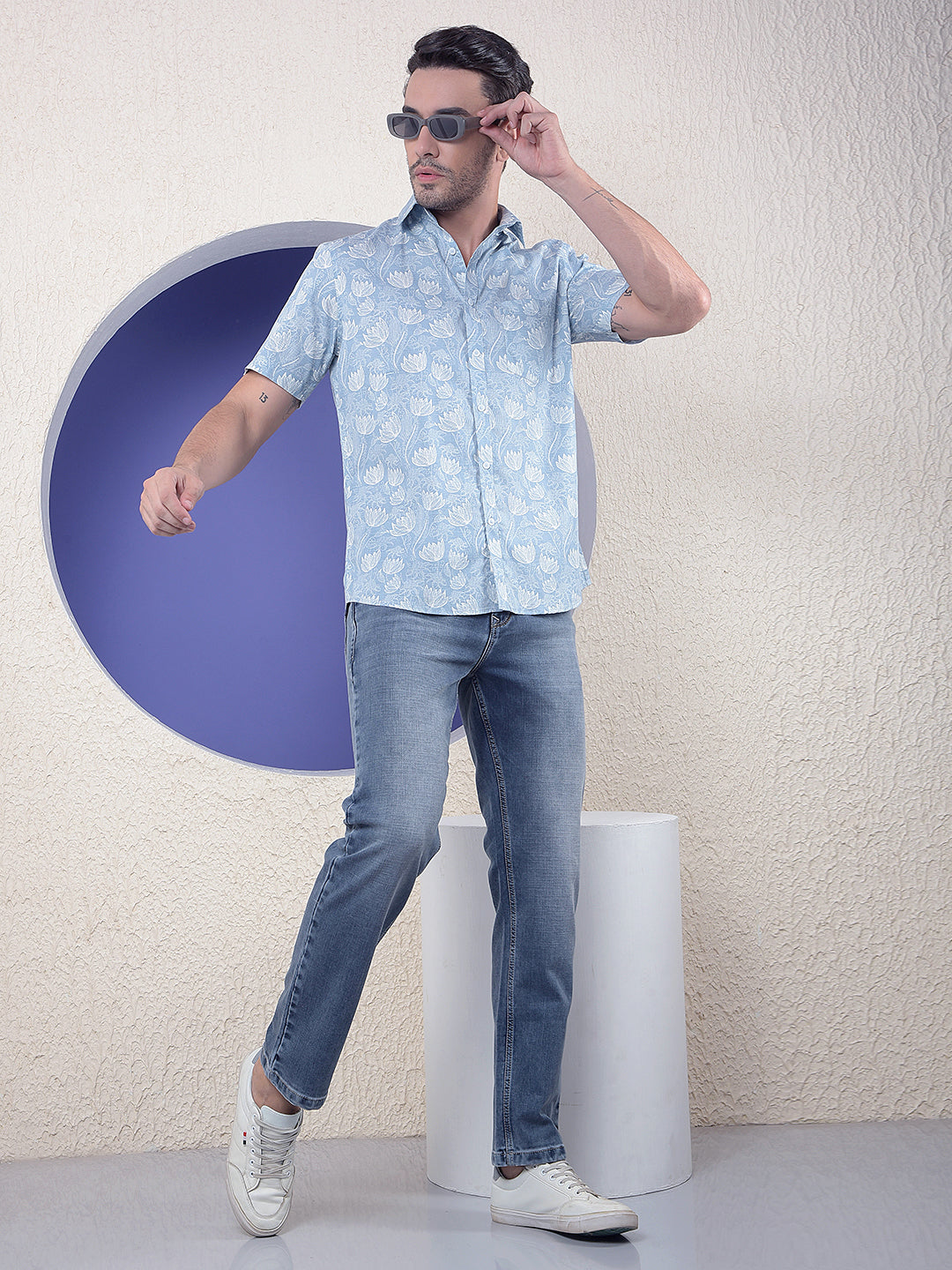 Blue Floral Printed Linen Shirt