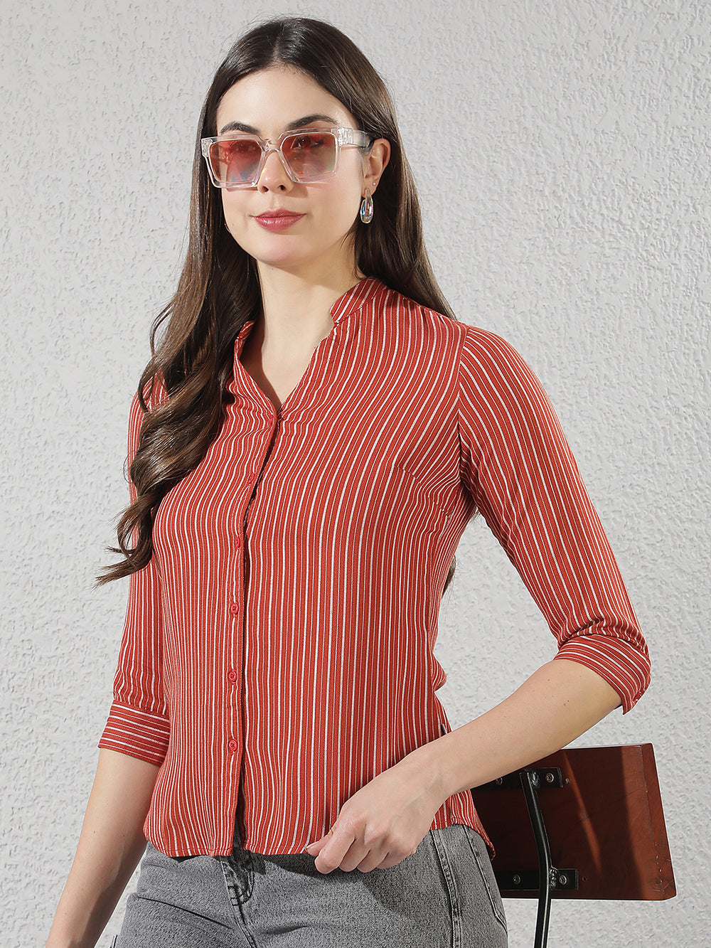 Red Vertical Striped V-Neck Shirt