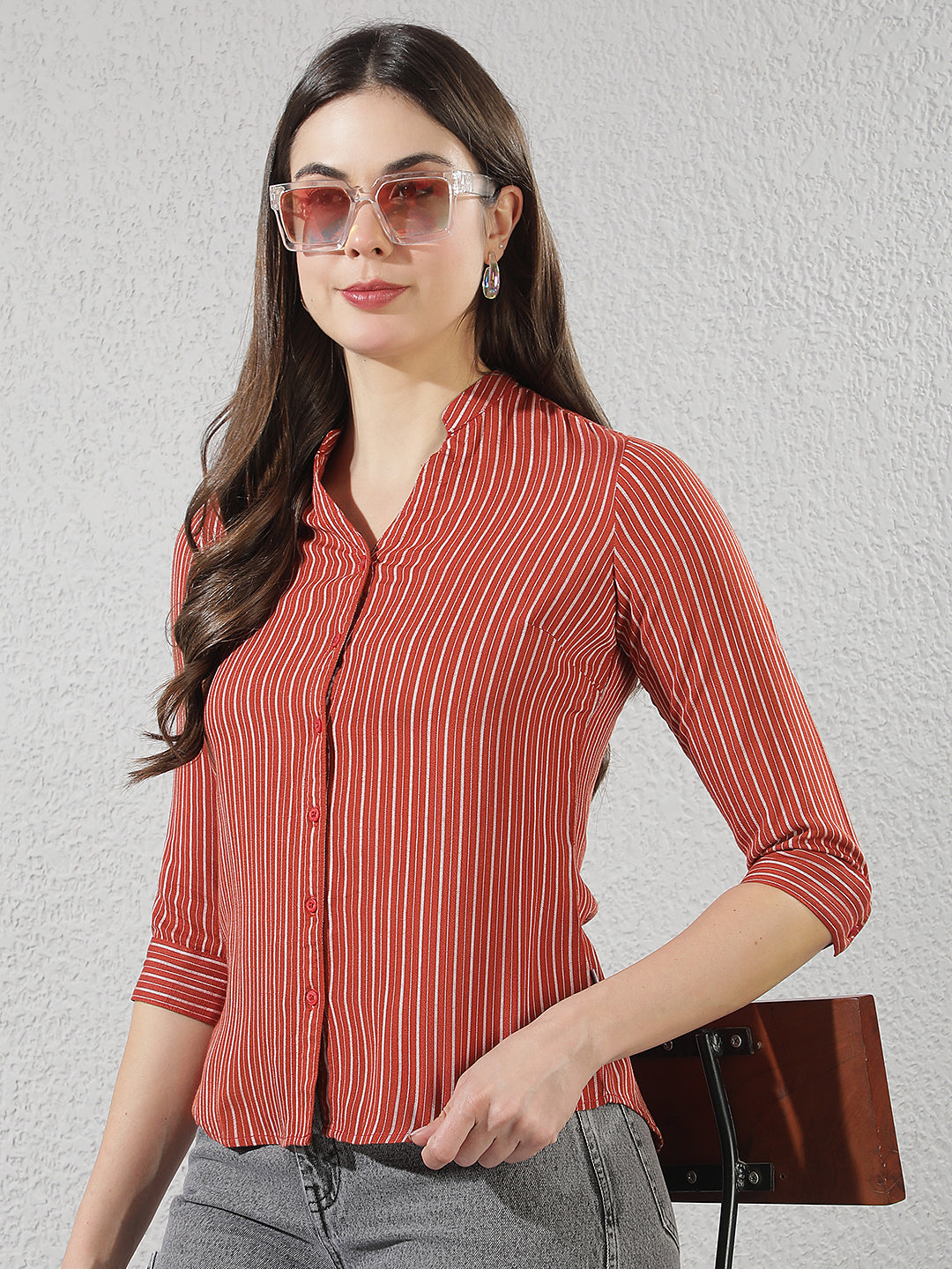 Red Vertical Striped V-Neck Shirt