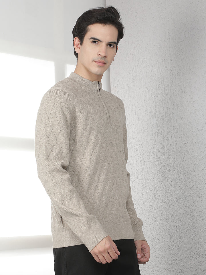 Beige Jacquard High Neck Sweater