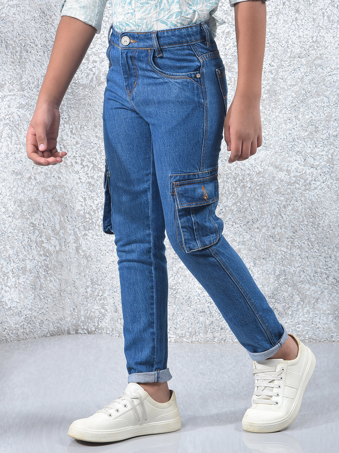 Blue 100% Cotton Straight Cargo Jeans