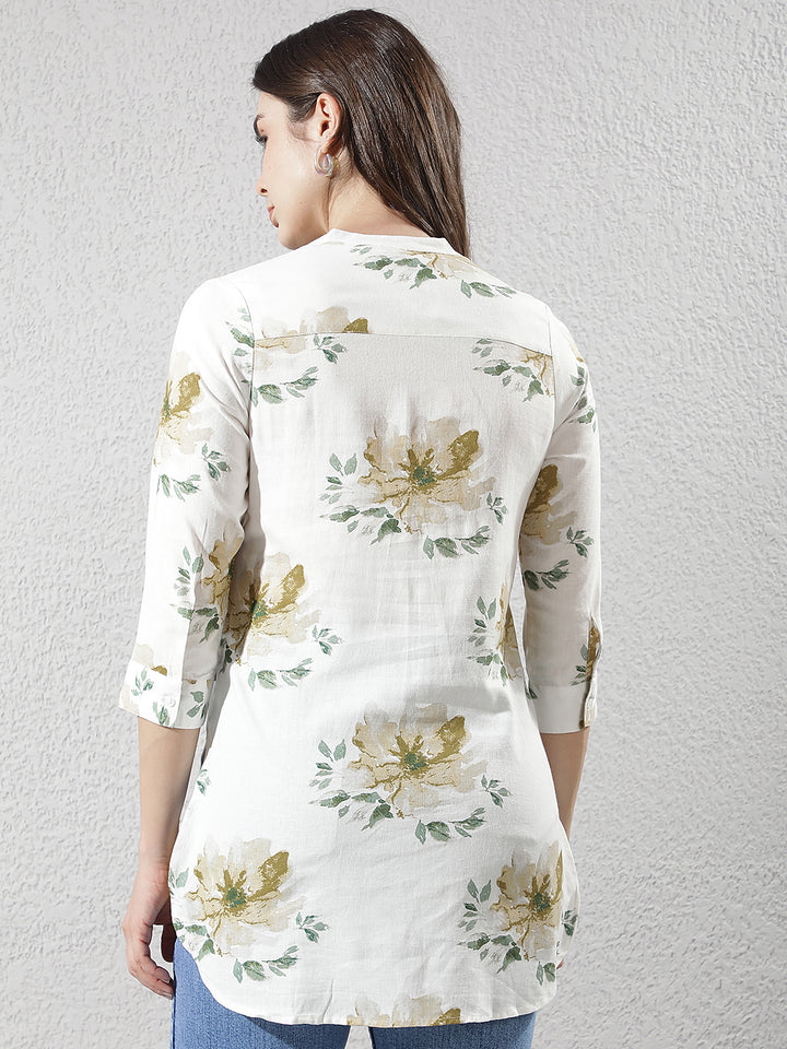 Green Floral Print Longline Linen Top