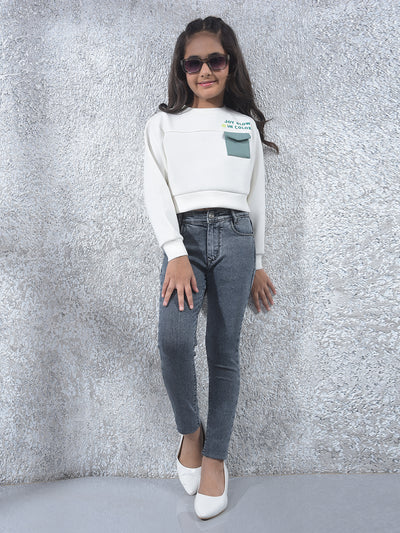 Off White Typographic Print Cropped Knitted-Sweatshirt