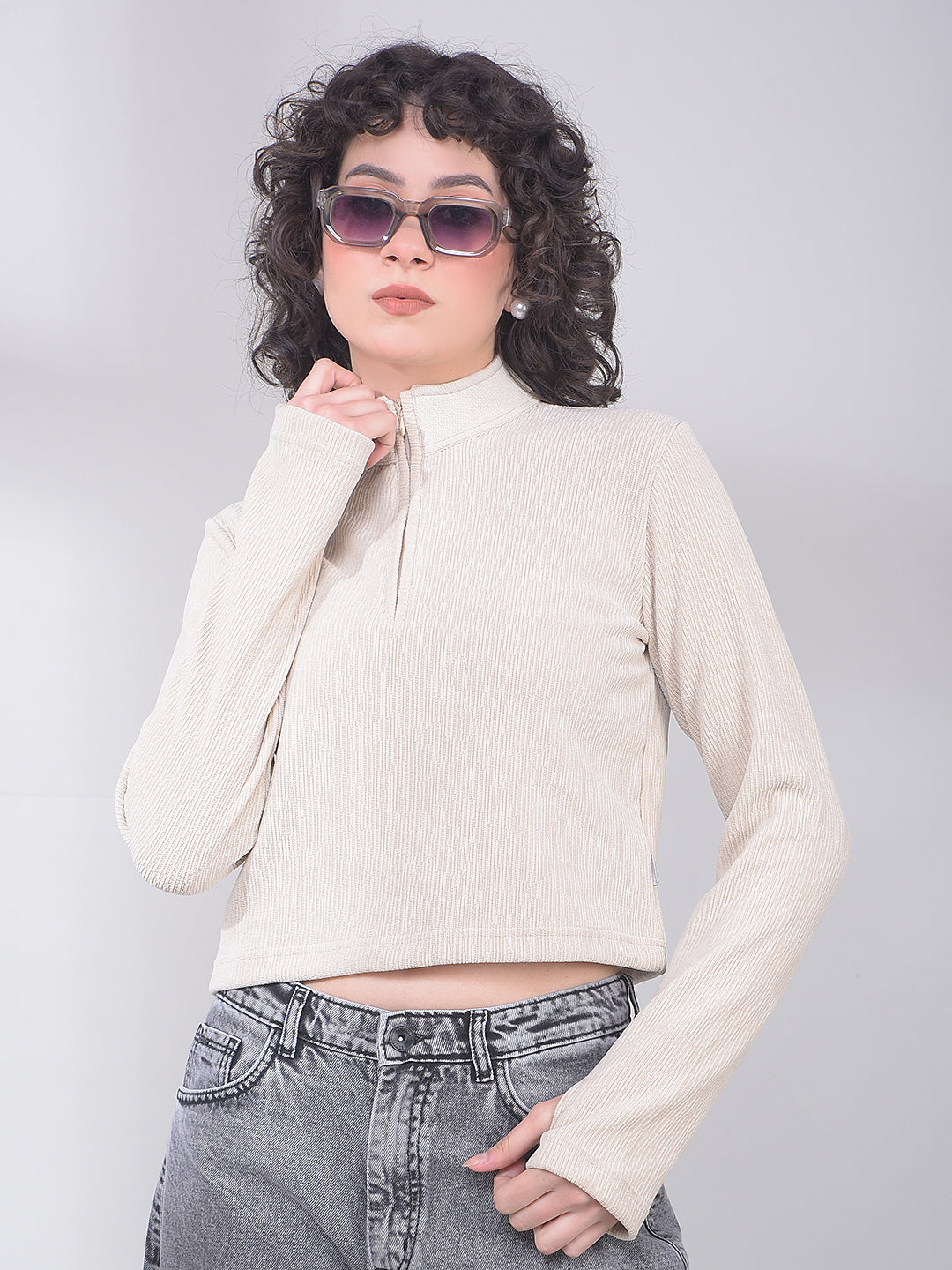 Soft Ivory Ribbed Zip-Neck Crop Top