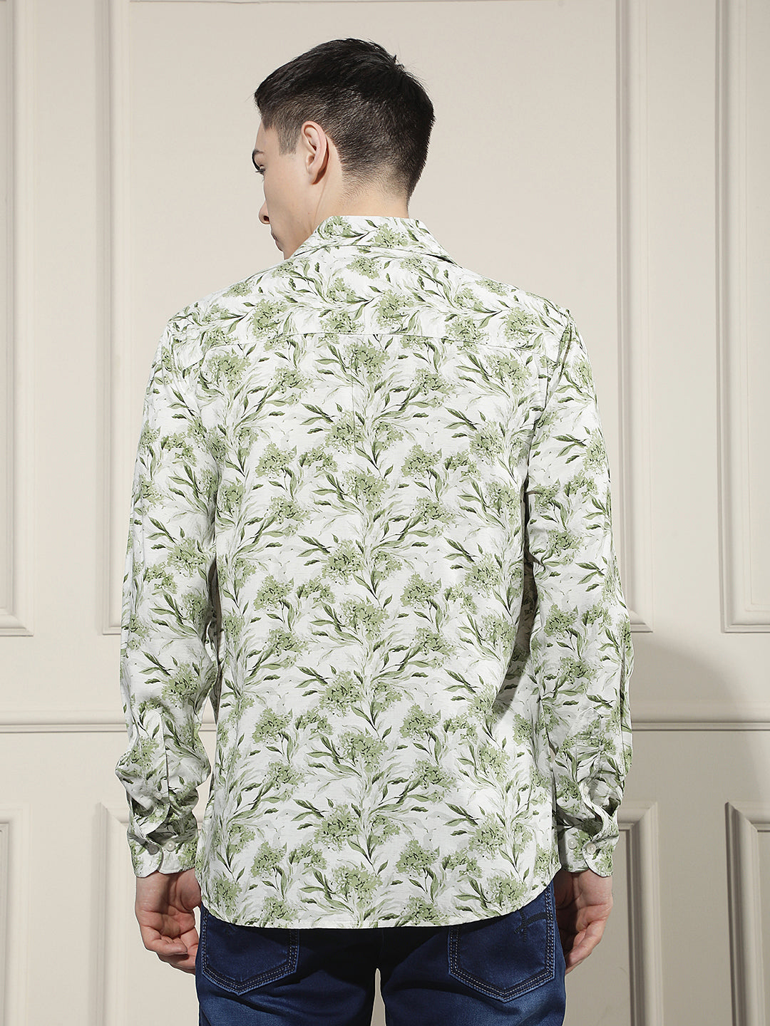 Green Floral Print Linen Shirt