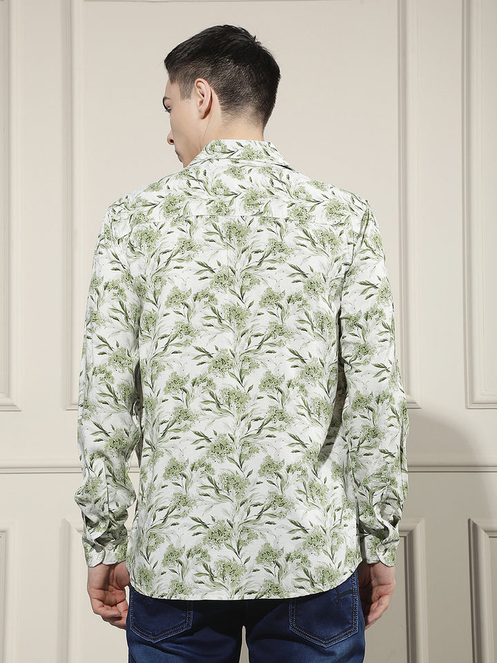 Green Floral Print Linen Shirt