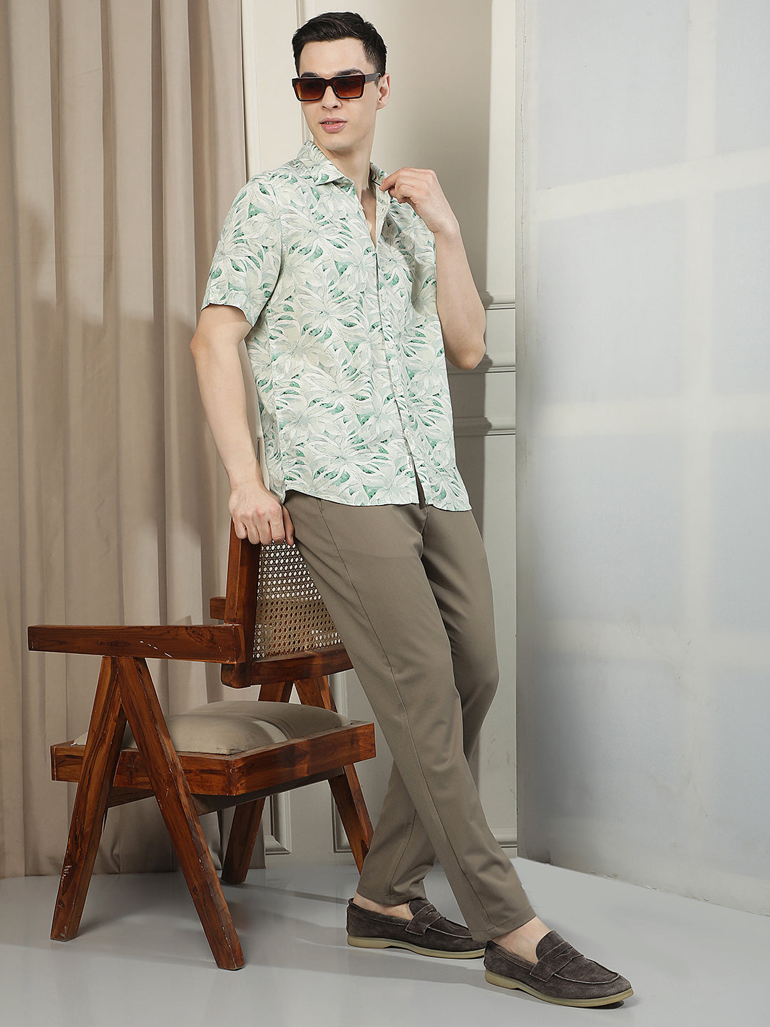 Green Floral Print Linen Shirt