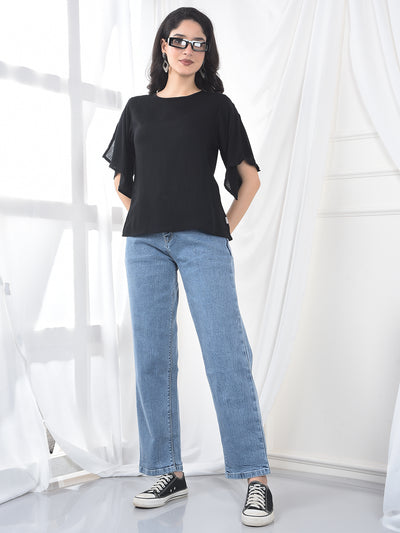 Black Crepe Flutter Sleeve Top