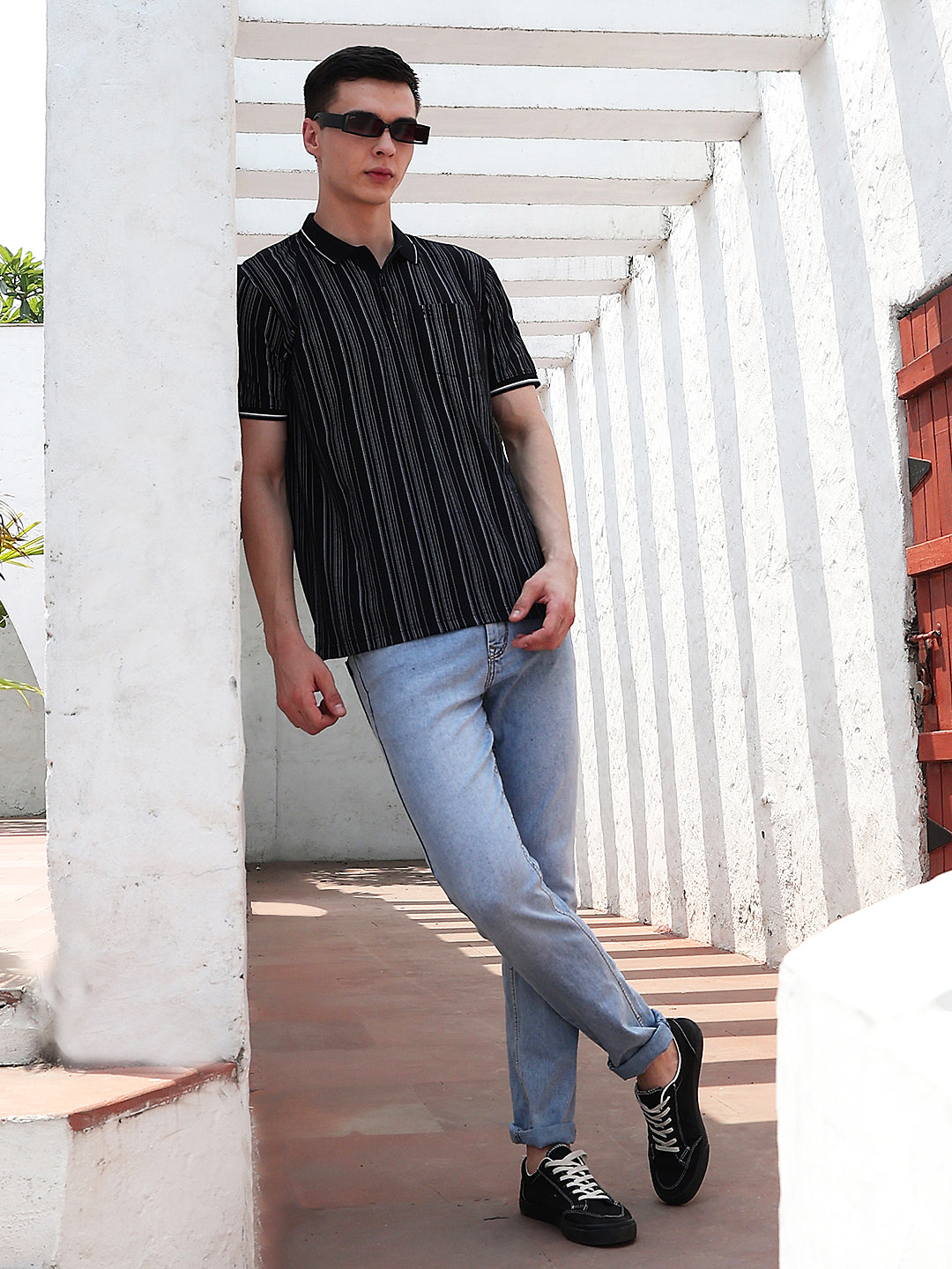 Black Vertical Stripes Polo Neck T-Shirt