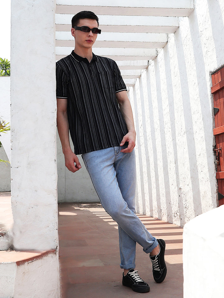 Black Vertical Stripes Polo Neck T-Shirt