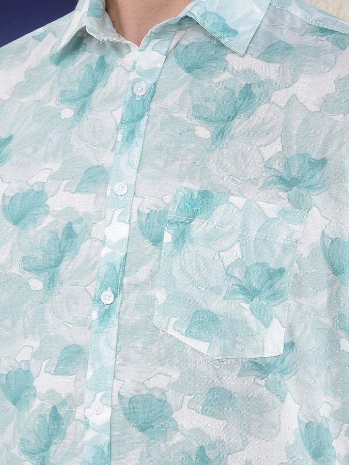 Green Floral Print Linen Shirt